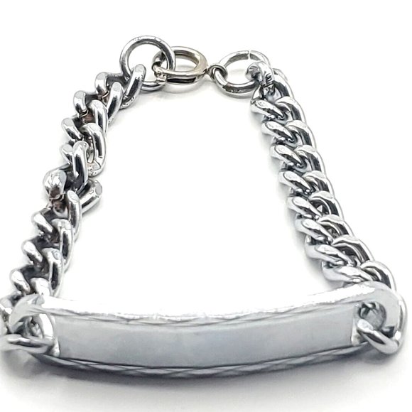 Stainless Steel Link Chain Bracelet Mens Silver Toned ID Panel 7.50 in. Length - Picture 1 of 9